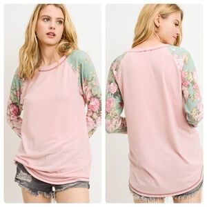 NWT First Love pink with pastel floral flowers sleeves. Tunic length